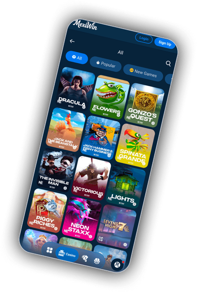 MexiWin mobile casino screen with slot and live casino categories