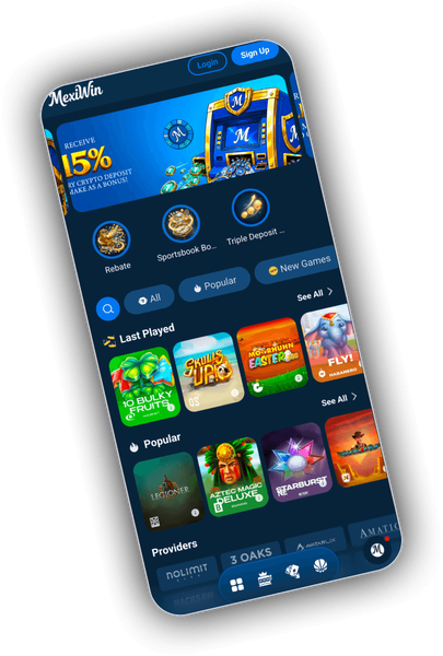 MexiWin mobile lobby screen with casino and sportsbook navigation