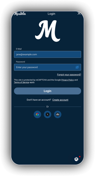 MexiWin mobile sign-in screen for an existing player account