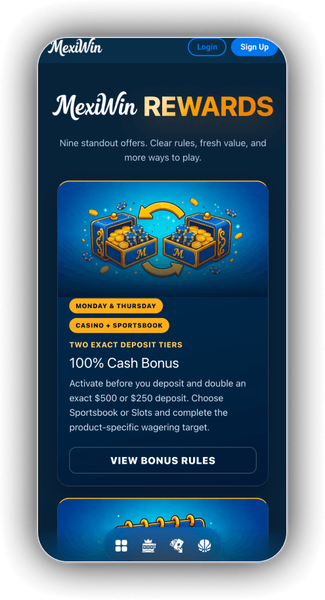 MexiWin promotions screen showing welcome and recurring bonus offers