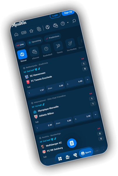 MexiWin sportsbook screen with sports markets and betting navigation