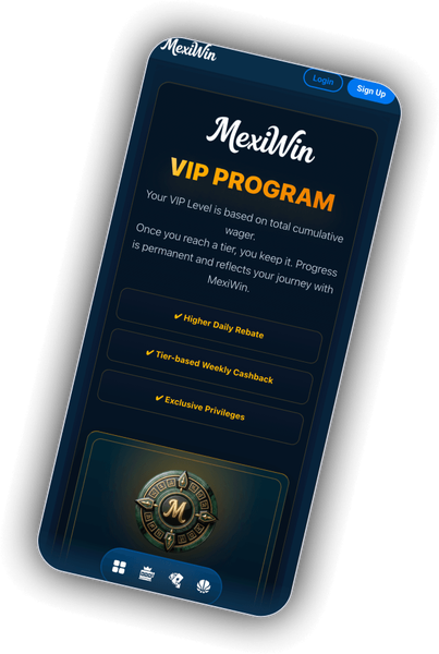 MexiWin VIP screen showing loyalty tiers and daily rebate benefits